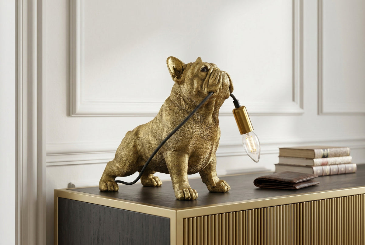 Lot de 2x Lampe de table artisanale BULLDOG 35cm or sculpture de chien