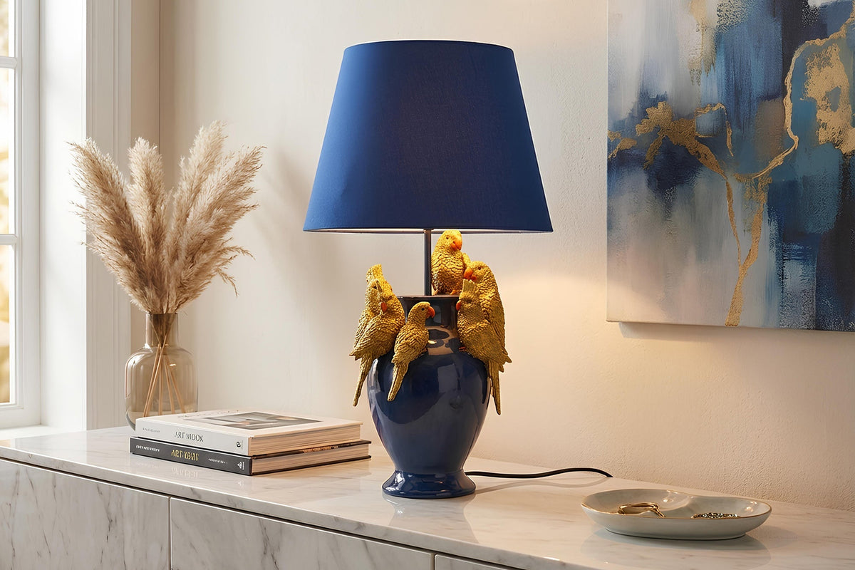 Lot de 2x Lampe de table faite main PARROT 55cm bleu or sculpture perroquet abat-jour en tissu