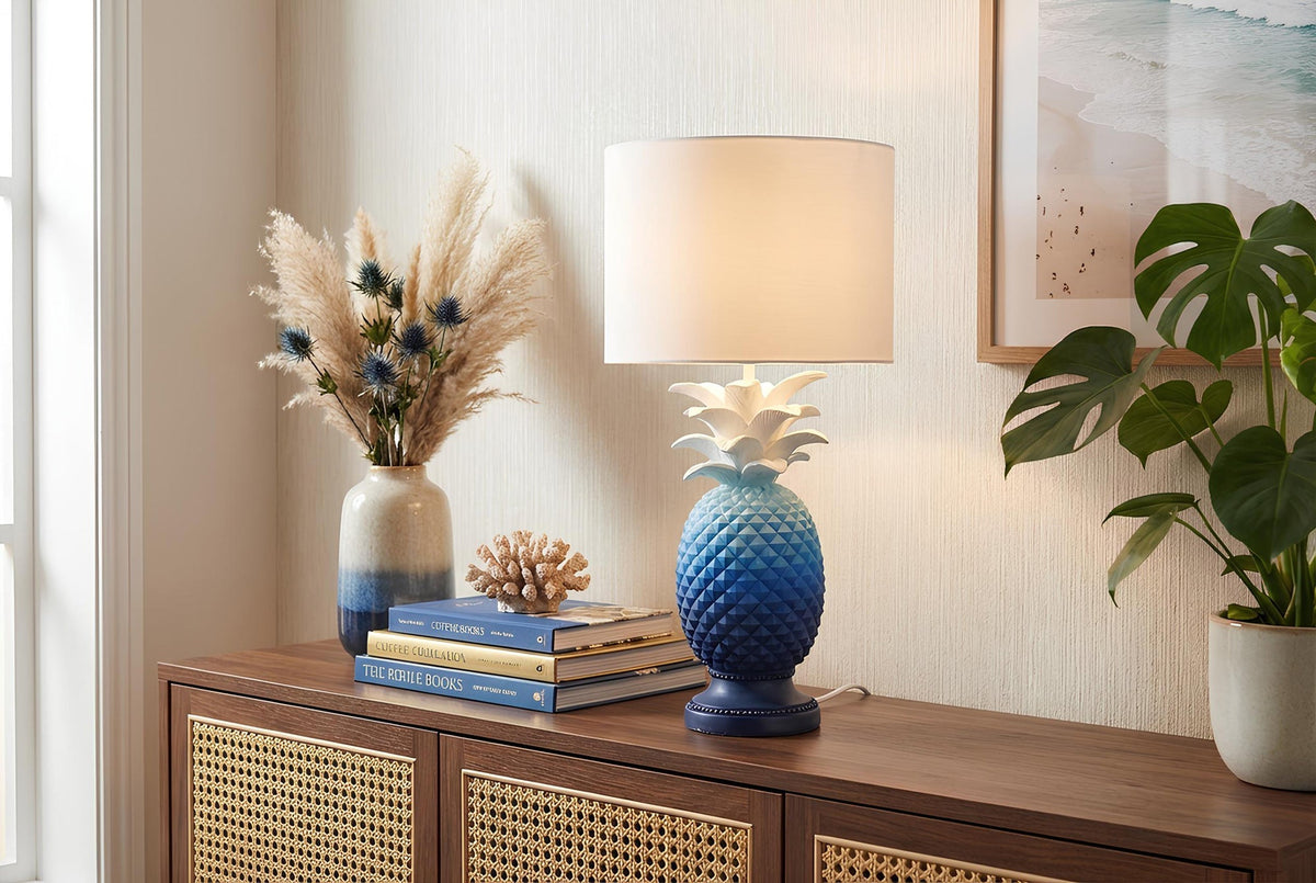 Lot de 2x Lampe de table faite main PINEAPPLE 50cm design ananas bleu blanc avec abat-jour en tissu