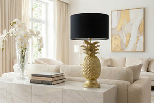 Lot de 2x Lampe de table faite main PINEAPPLE 50cm design ananas noir doré avec abat-jour en tissu