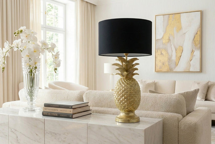 Lot de 2x Lampe de table faite main PINEAPPLE 50cm design ananas noir doré avec abat-jour en tissu