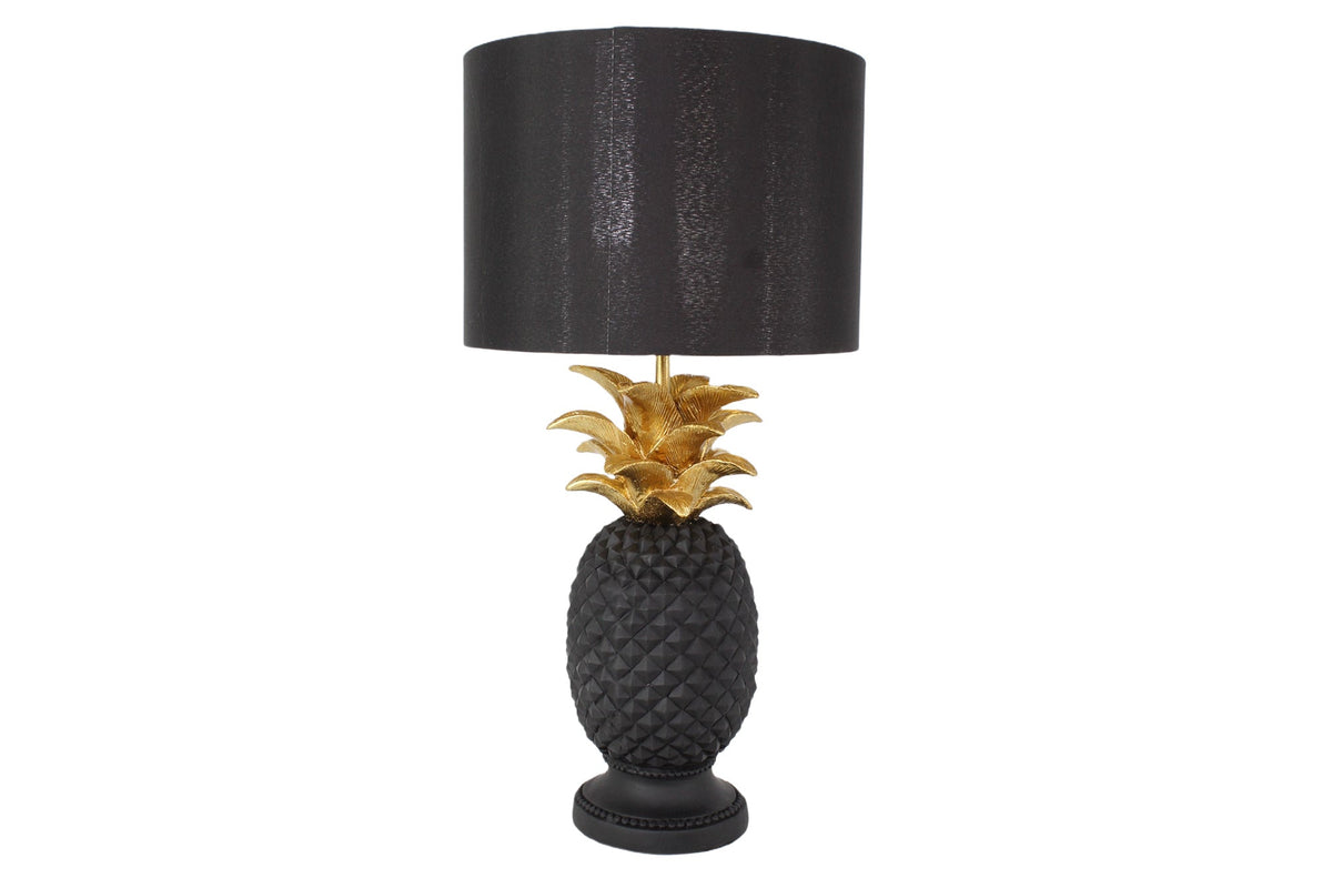 Lot de 2x Lampe de table faite main PINEAPPLE 50cm design ananas noir doré avec abat-jour en tissu