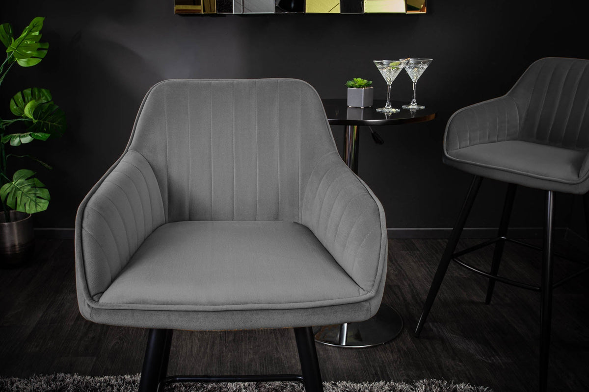 Lot de 2x Noble tabouret de bar TURIN gris argenté velours avec piqûres décoratives tabouret de bar avec accoudoirs