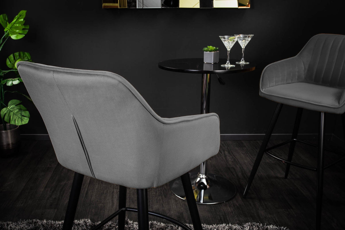 Lot de 2x Noble tabouret de bar TURIN gris argenté velours avec piqûres décoratives tabouret de bar avec accoudoirs
