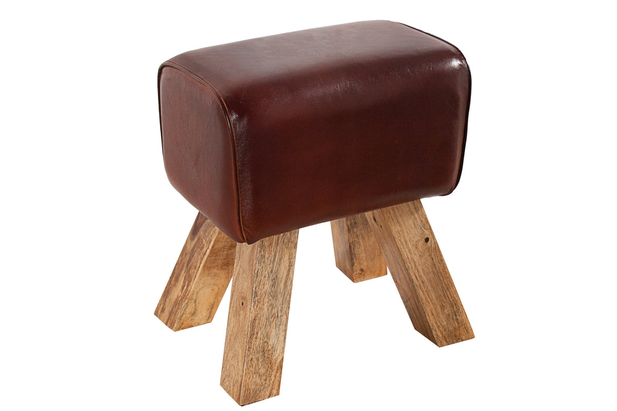 Lot de 2x Retro pouf TURNBOCK 40cm avec revêtement en cuir véritable en bois de manguier
