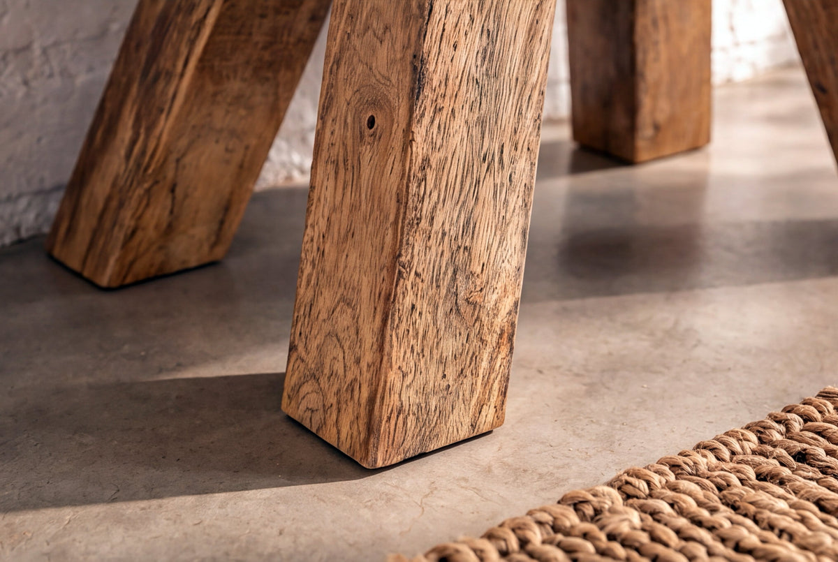 Lot de 2x Retro pouf TURNBOCK 40cm avec revêtement en cuir véritable en bois de manguier