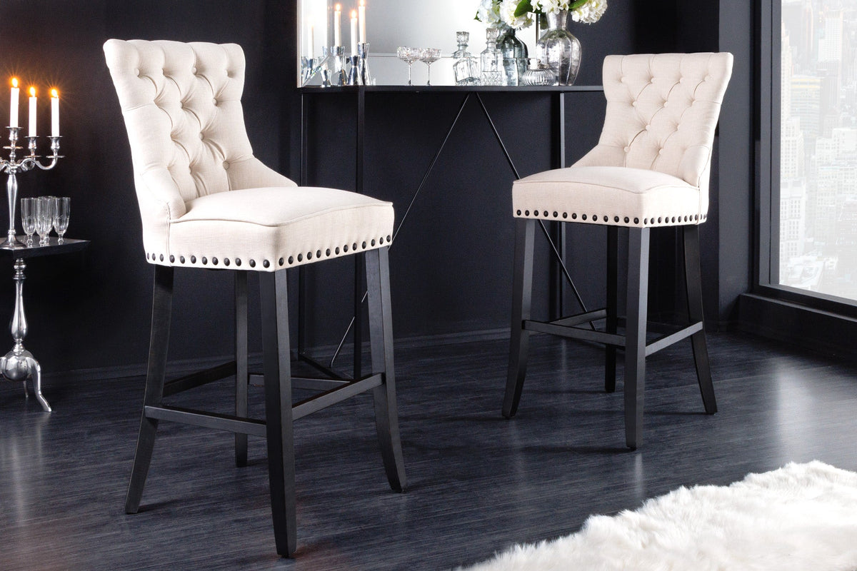 Lot de 2x Tabouret de bar design CASTLE beige noir tissu structuré avec dossier bois Chesterfield