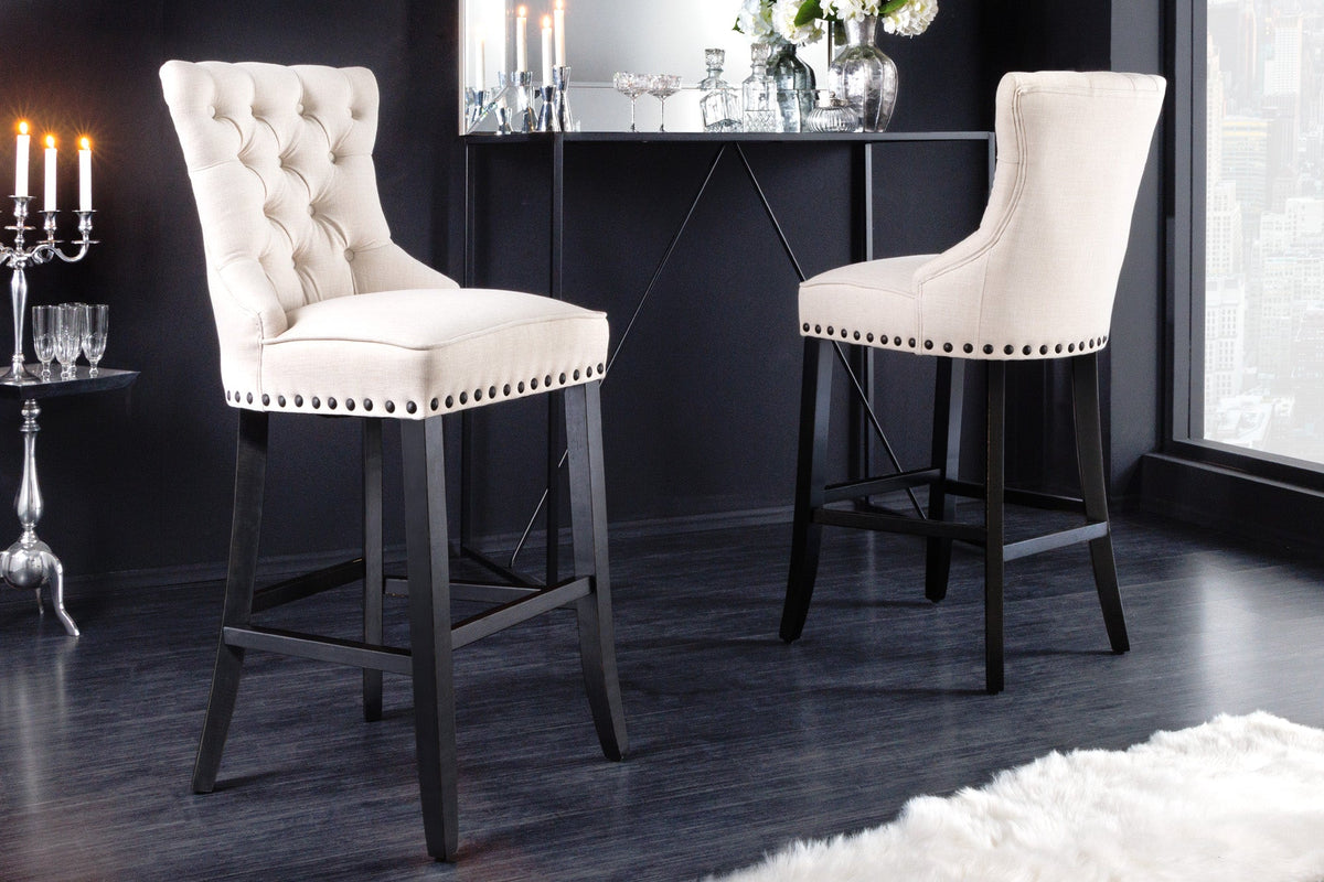 Lot de 2x Tabouret de bar design CASTLE beige noir tissu structuré avec dossier bois Chesterfield