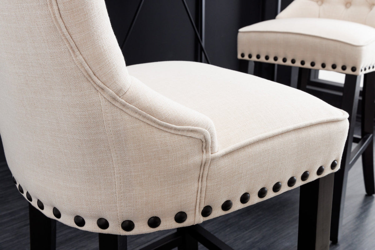 Lot de 2x Tabouret de bar design CASTLE beige noir tissu structuré avec dossier bois Chesterfield