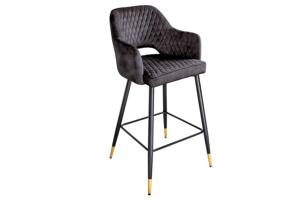 Lot de 2x Tabouret de bar design PARIS gris velours avec dossier métal noir or piqûres décoratives (réf. 41514)