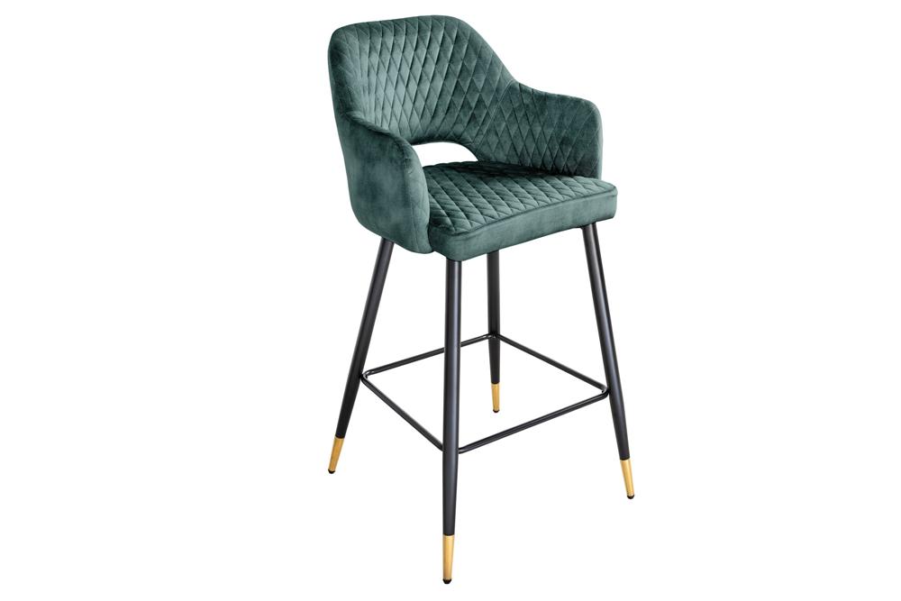 Lot de 2x Tabouret de bar design PARIS pétrole velours surpiqûre décorative embouts de pieds or avec accoudoirs