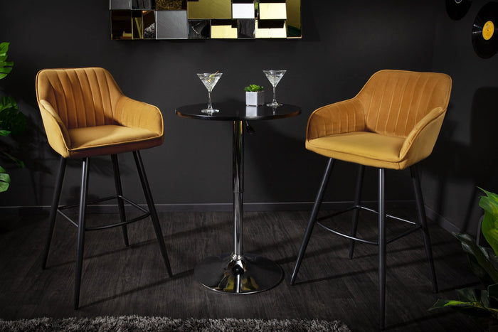 Lot de 2x Tabouret de bar élégant TURIN jaune moutarde velours avec matelassage décoratif, tabouret de bar avec accoudoirs