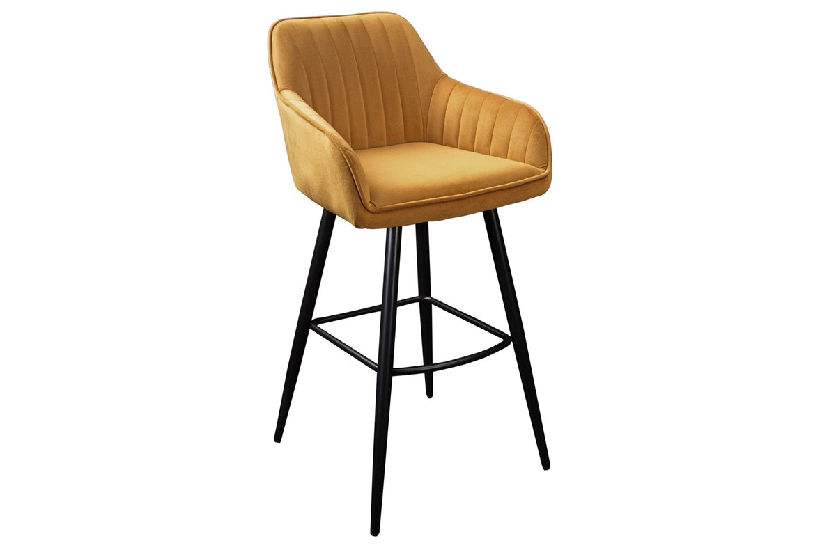 Lot de 2x Tabouret de bar élégant TURIN jaune moutarde velours avec matelassage décoratif, tabouret de bar avec accoudoirs
