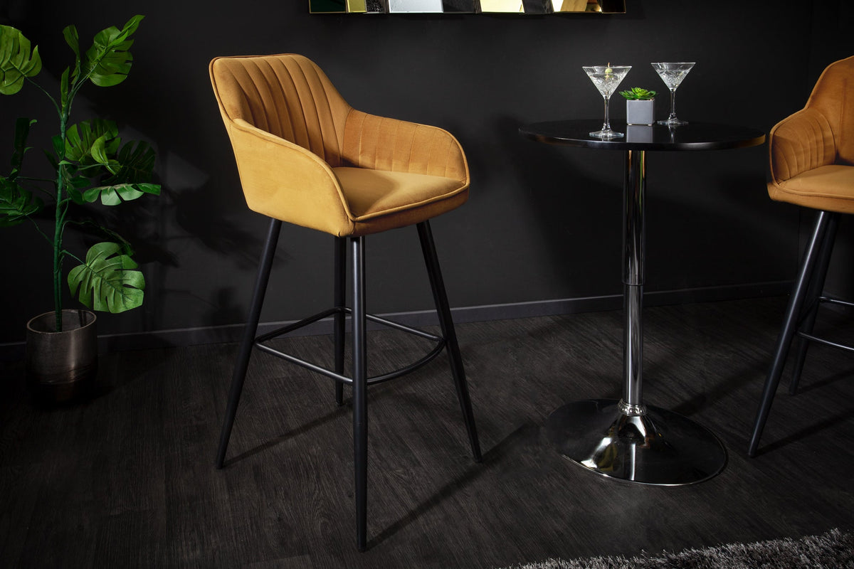 Lot de 2x Tabouret de bar élégant TURIN jaune moutarde velours avec matelassage décoratif, tabouret de bar avec accoudoirs