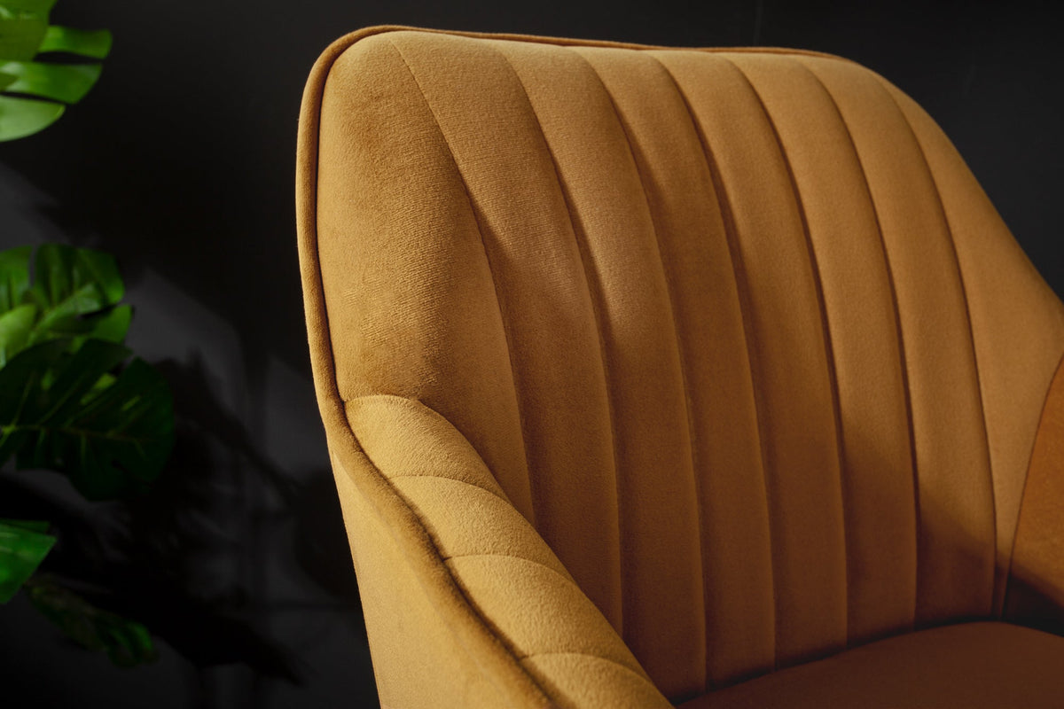 Lot de 2x Tabouret de bar élégant TURIN jaune moutarde velours avec matelassage décoratif, tabouret de bar avec accoudoirs