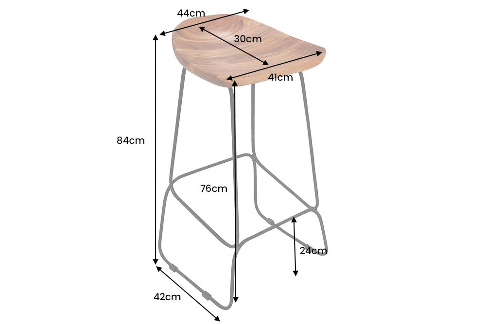 Lot de 2x Tabouret de bar en bois massif MAMMUT naturel acacia châssis métal noir avec repose-pieds