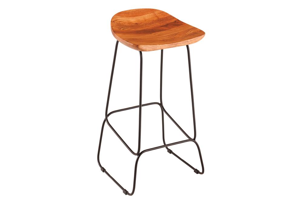 Lot de 2x Tabouret de bar en bois massif MAMMUT naturel acacia châssis métal noir avec repose-pieds