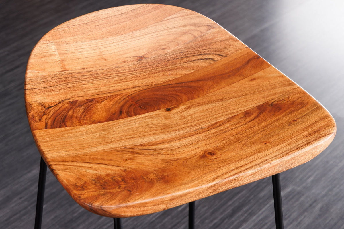 Lot de 2x Tabouret de bar en bois massif MAMMUT naturel acacia châssis métal noir avec repose-pieds