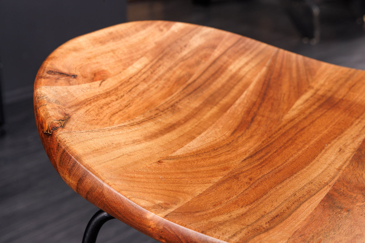Lot de 2x Tabouret de bar en bois massif MAMMUT naturel acacia châssis métal noir avec repose-pieds
