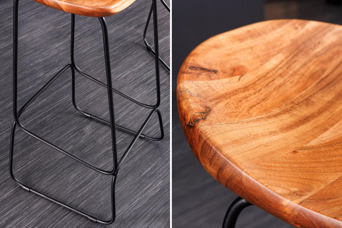 Lot de 2x Tabouret de bar en bois massif MAMMUT naturel acacia châssis métal noir avec repose-pieds