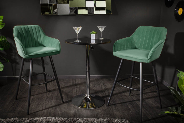 Lot de 2x Tabouret de bar noble TURIN vert émeraude velours avec surpiqûres décoratives chaise de bar avec accoudoirs (réf. 40436)