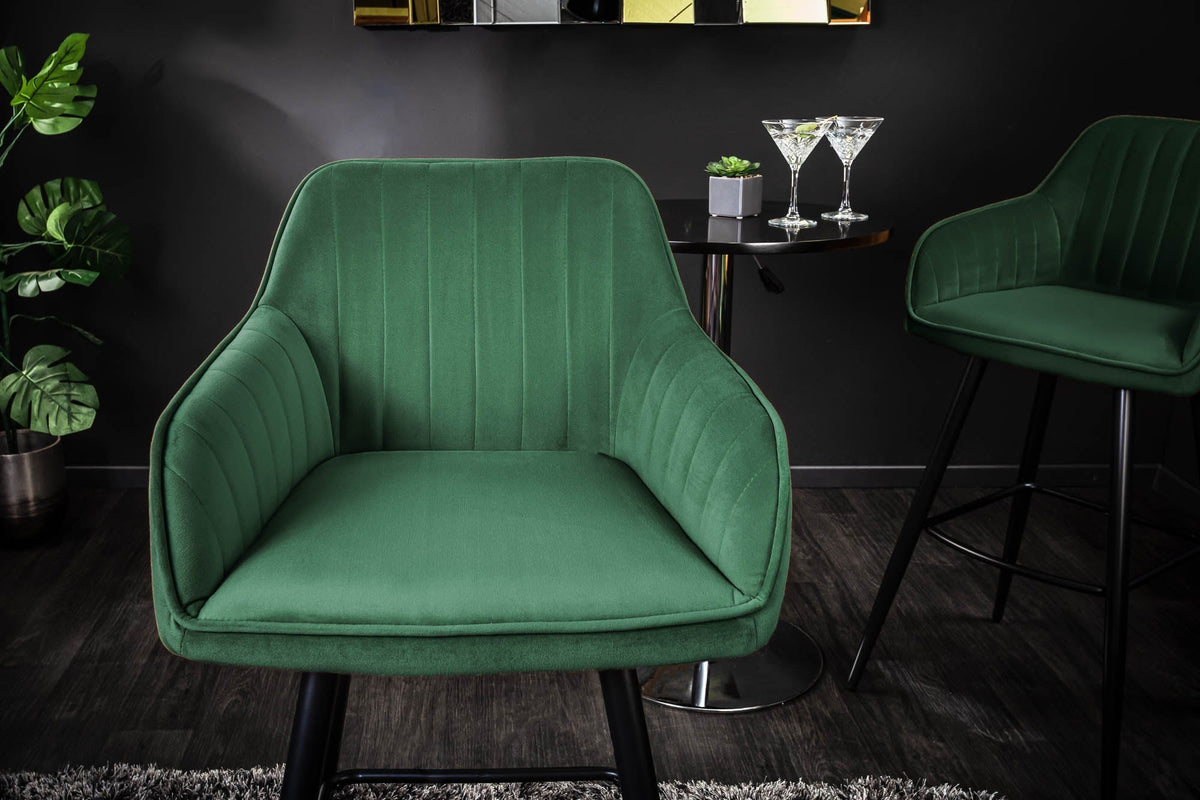 Lot de 2x Tabouret de bar noble TURIN vert émeraude velours avec surpiqûres décoratives chaise de bar avec accoudoirs (réf. 40436)