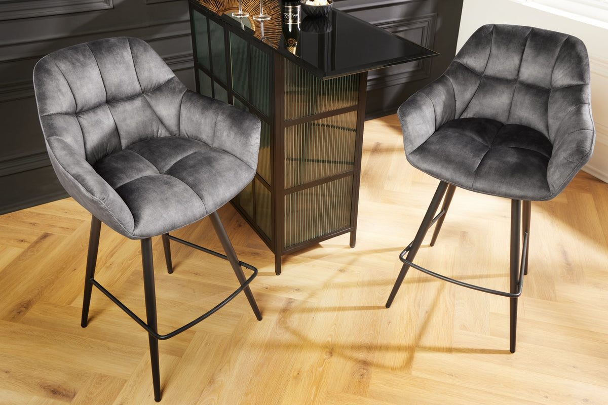Lot de 2x Tabouret de bar pivotant PAPILLON velours gris tabouret de bar avec dossier pieds métal noir