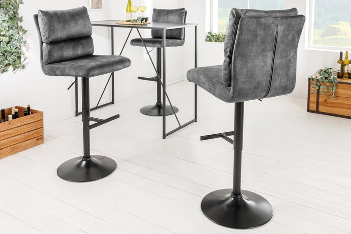 Lot de 2x Tabouret de bar réglable en hauteur COMFORT velours gris foncé rotatif avec dossier métal noir (réf. 43650)