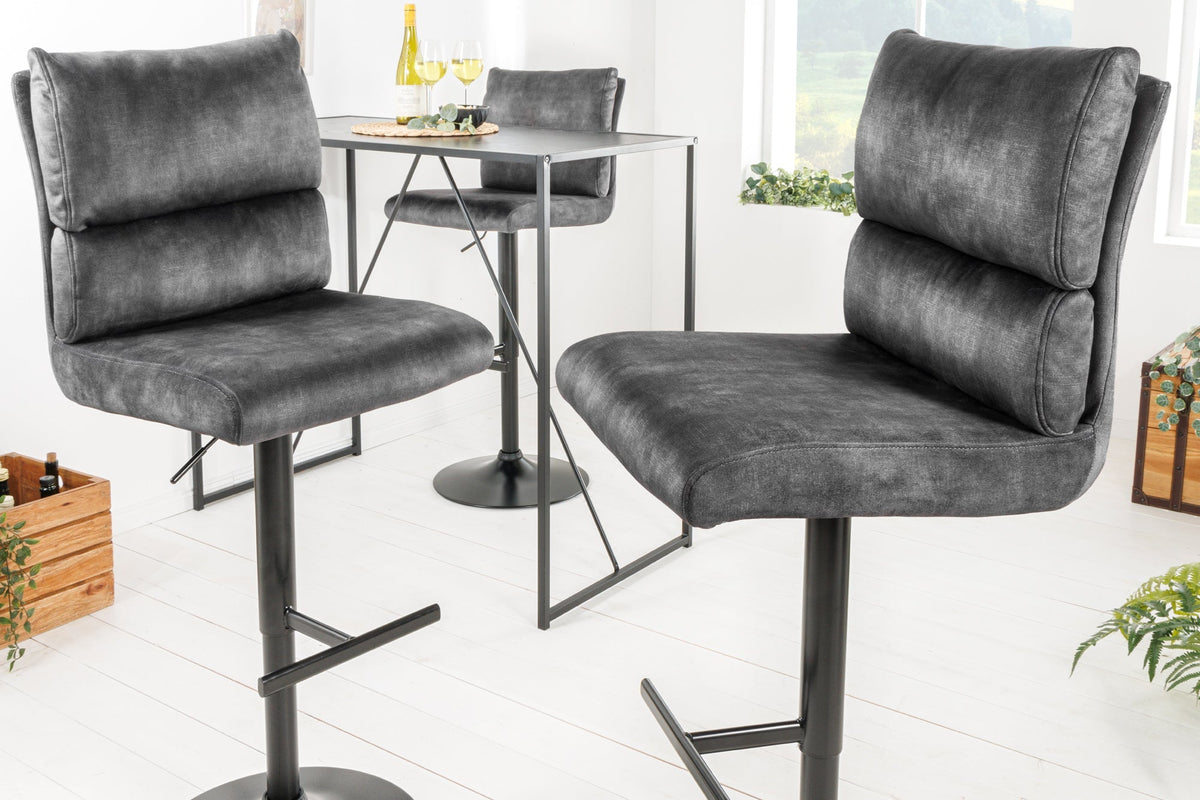 Lot de 2x Tabouret de bar réglable en hauteur COMFORT velours gris foncé rotatif avec dossier métal noir (réf. 43650)