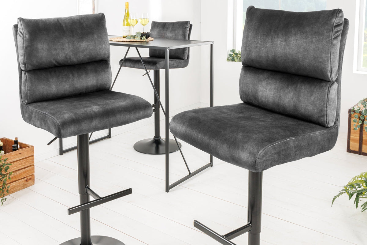 Lot de 2x Tabouret de bar réglable en hauteur COMFORT velours gris foncé rotatif avec dossier métal noir (réf. 43650)