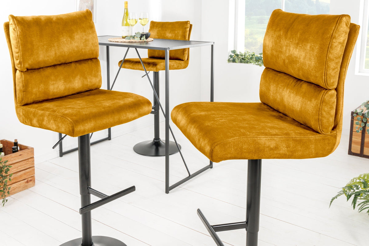 Lot de 2x Tabouret de bar réglable en hauteur COMFORT velours jaune moutarde pivotant avec dossier métal noir