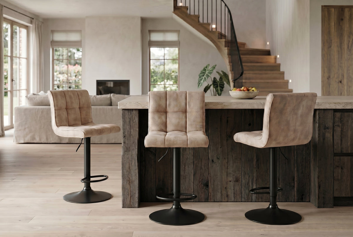 Lot de 2x Tabouret de bar réglable en hauteur MODENA champagne beige velours métal noir rotatif