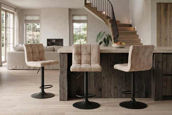 Lot de 2x Tabouret de bar réglable en hauteur MODENA champagne beige velours métal noir rotatif