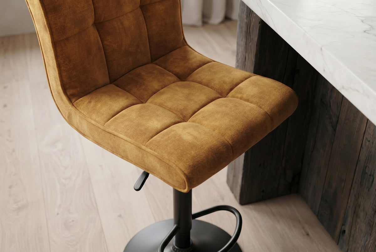 Lot de 2x Tabouret de bar réglable en hauteur MODENA jaune moutarde velours métal noir pivotant