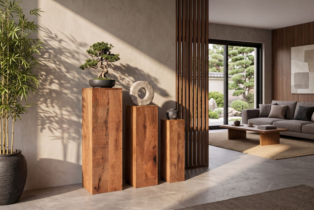 Lot de 3 colonnes décoratives design MAKASSAR 80cm en bois de manguier fait main