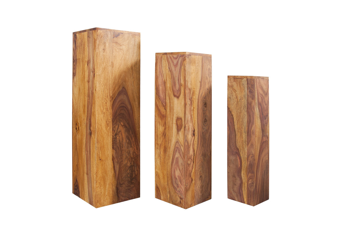 Lot de 3 colonnes décoratives design MAKASSAR 80cm finition pierre Sheesham marron fait main