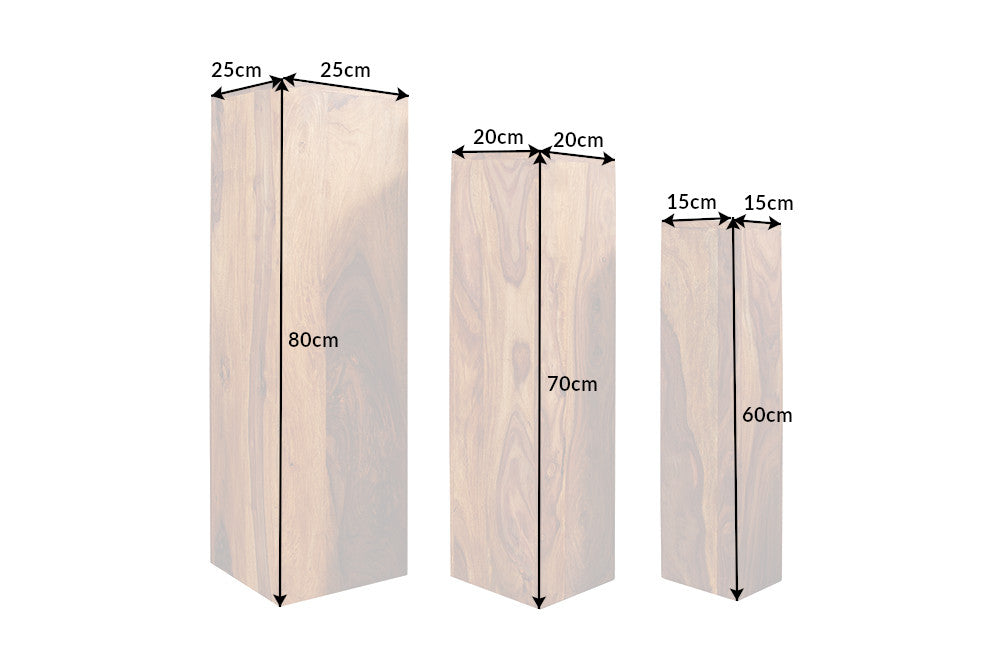 Lot de 3 colonnes décoratives design MAKASSAR 80cm finition pierre Sheesham marron fait main