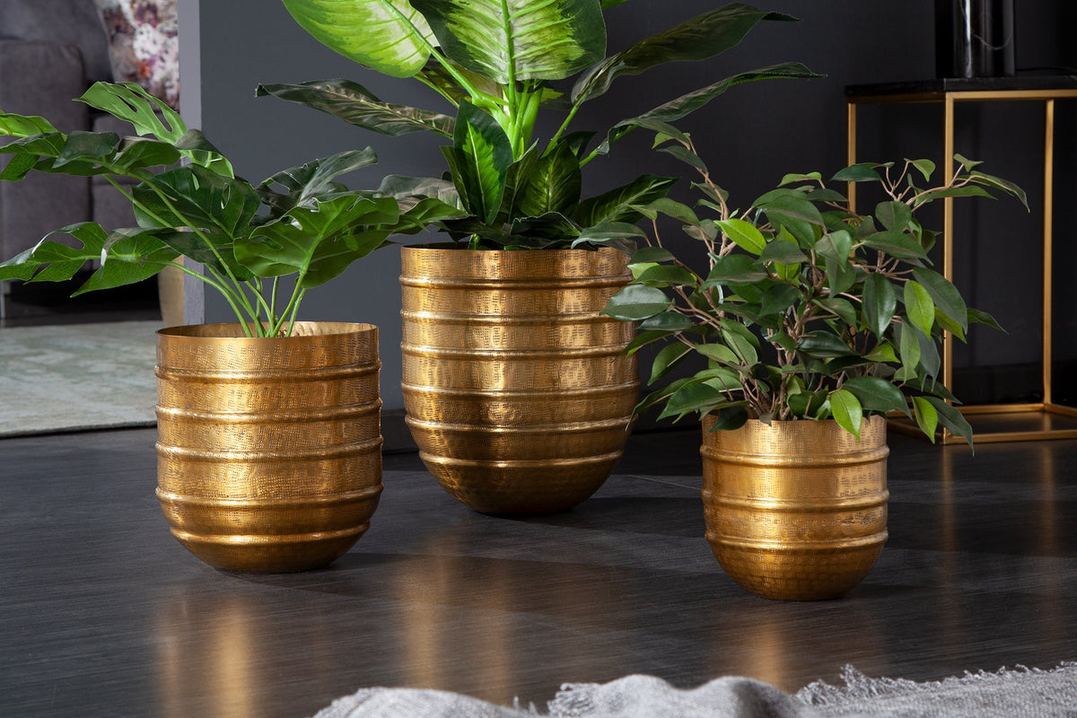 Lot de 3 pots de fleurs ORIENT 25/20/15cm métal doré design martelé