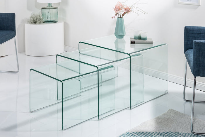 Lot de 3 tables basses design en verre FANTOME 60cm tables d’appoint transparentes