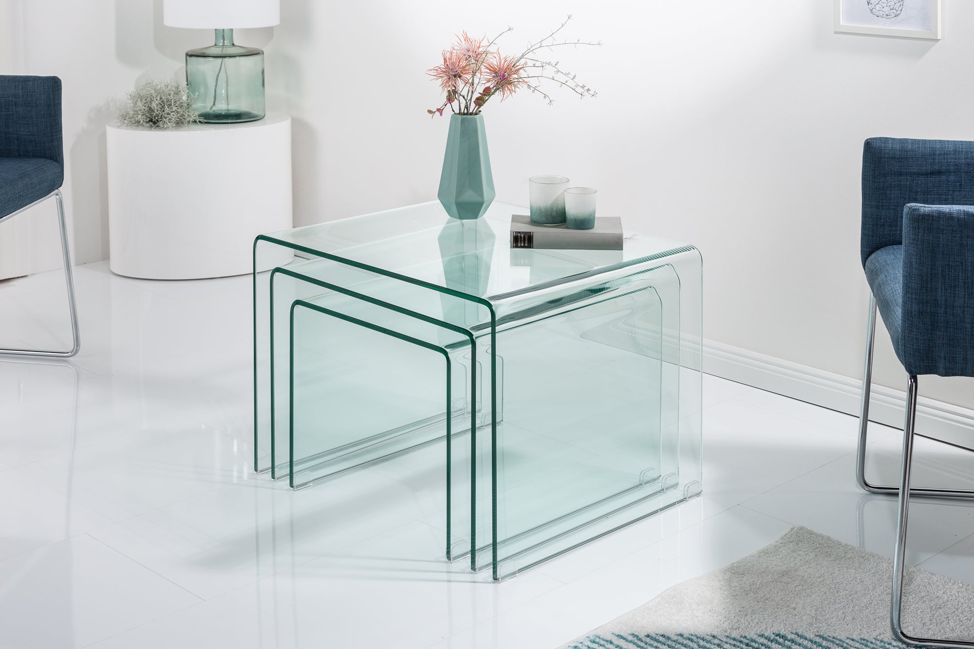 Lot de 3 tables basses design en verre FANTOME 60cm tables d’appoint transparentes
