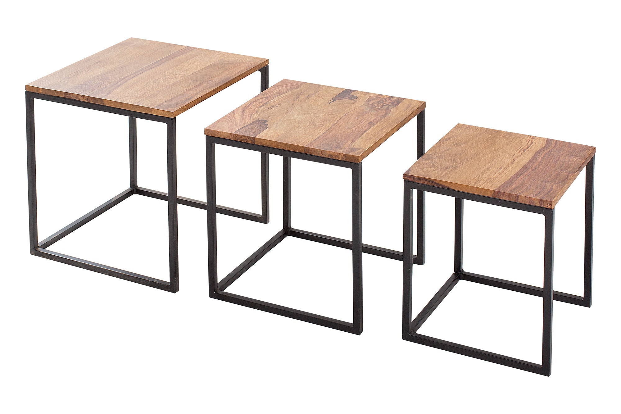 Lote de 3 mesas auxiliares ELEMENTS 40cm Madera maciza de Sheesham acabado piedra marrón metal