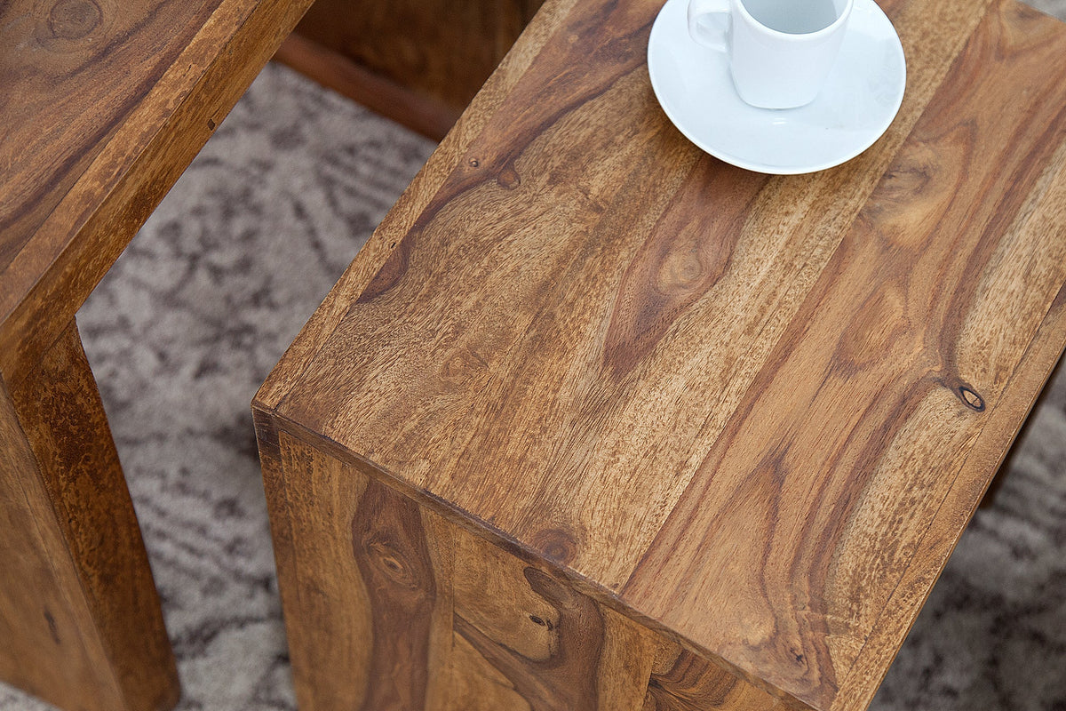 Lot de 3 tables d’appoint en bois massif MAKASSAR 45cm finition pierre Sesham marron grain