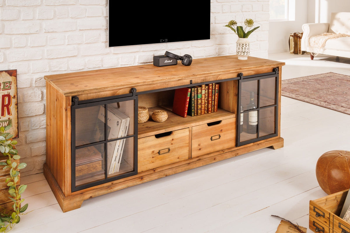 Lowboard massif HERITAGE 160cm pin naturel portes industrielles vitrine métal