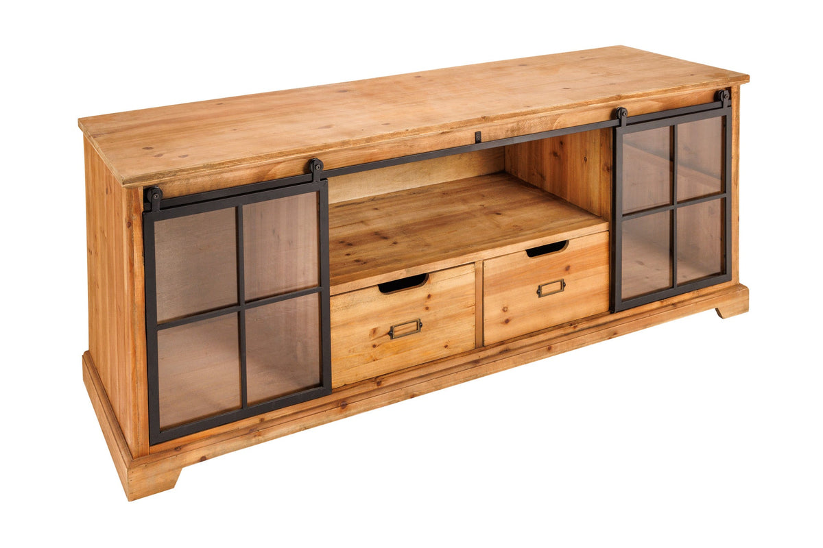 Lowboard massif HERITAGE 160cm pin naturel portes industrielles vitrine métal