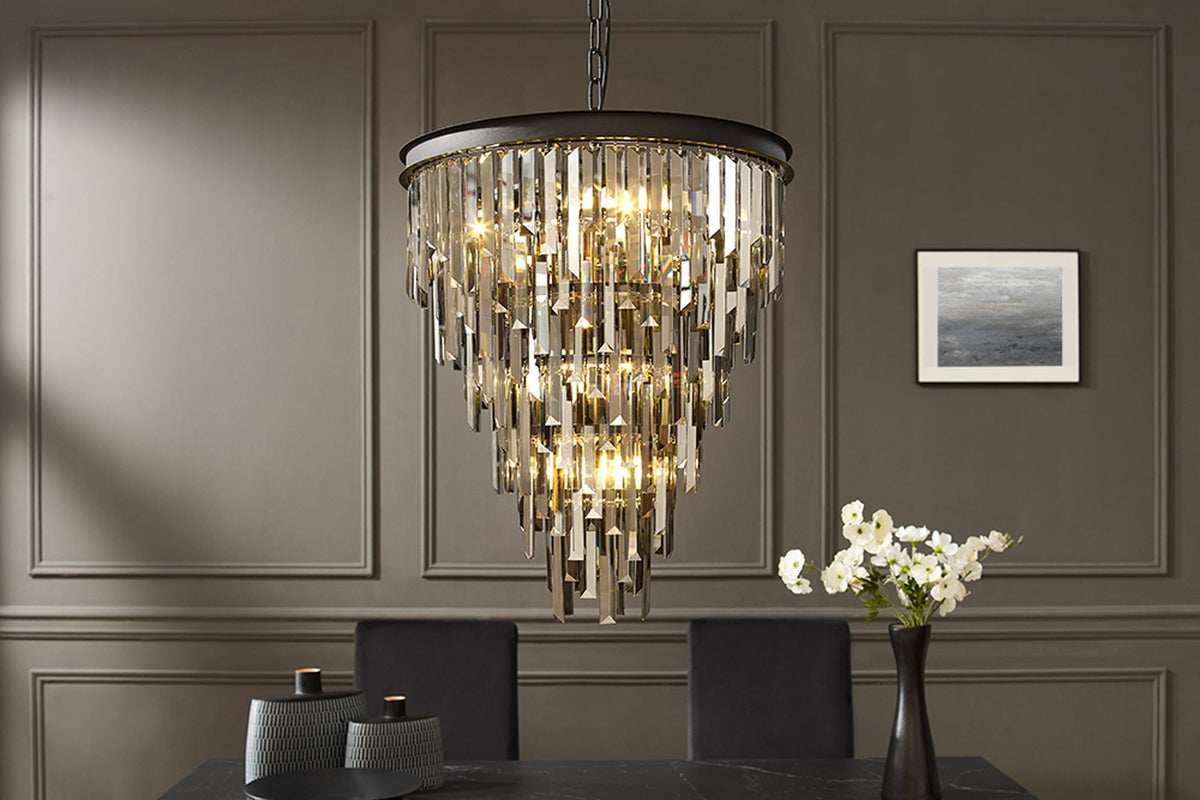 Lustre de luxe CRYSTAL 50cm gris avec prismes de verre lampe suspendue en fer noir