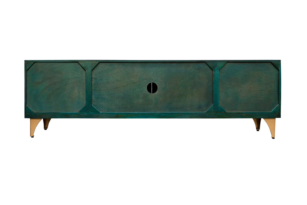 Massif meuble TV GOLDEN SUNSET 180 cm turquoise sculptures 3D dorées en bois de mangue et métal