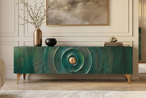 Massif meuble TV GOLDEN SUNSET 180 cm turquoise sculptures 3D dorées en bois de mangue et métal