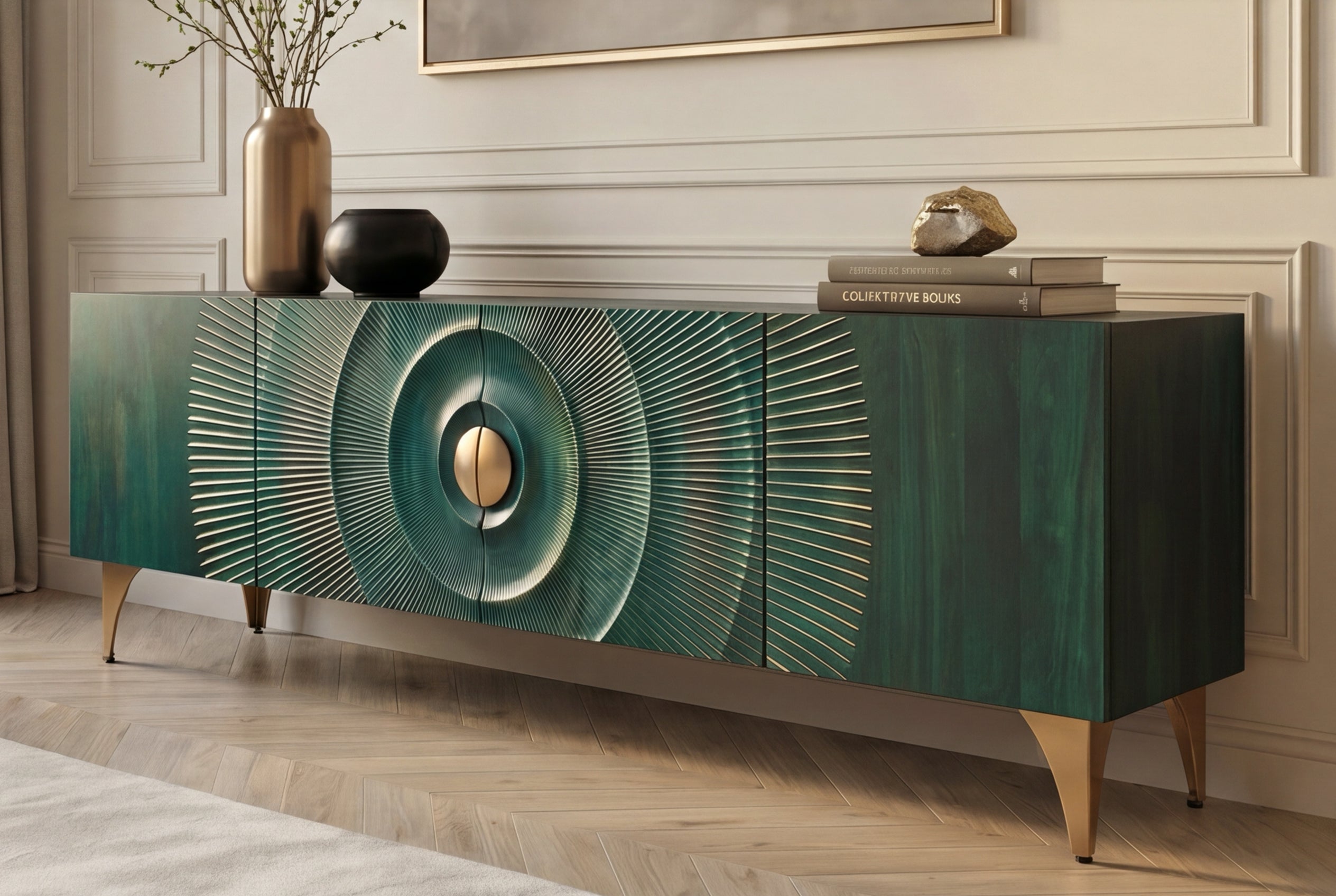 Massif meuble TV GOLDEN SUNSET 180 cm turquoise sculptures 3D dorées en bois de mangue et métal