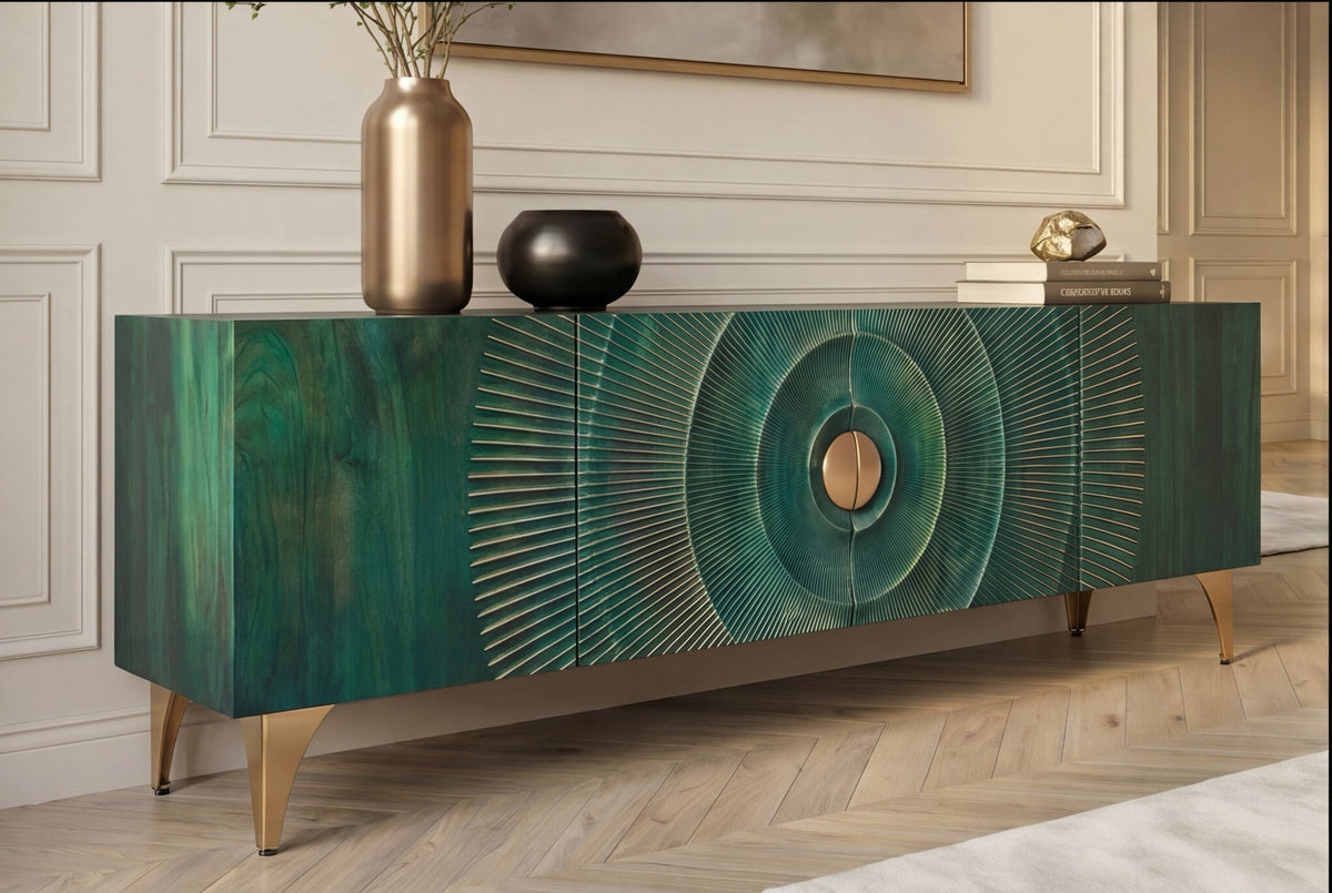 Massif meuble TV GOLDEN SUNSET 180 cm turquoise sculptures 3D dorées en bois de mangue et métal