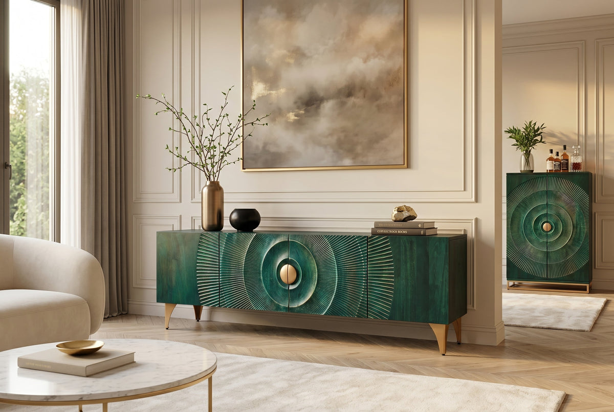 Massif meuble TV GOLDEN SUNSET 180 cm turquoise sculptures 3D dorées en bois de mangue et métal